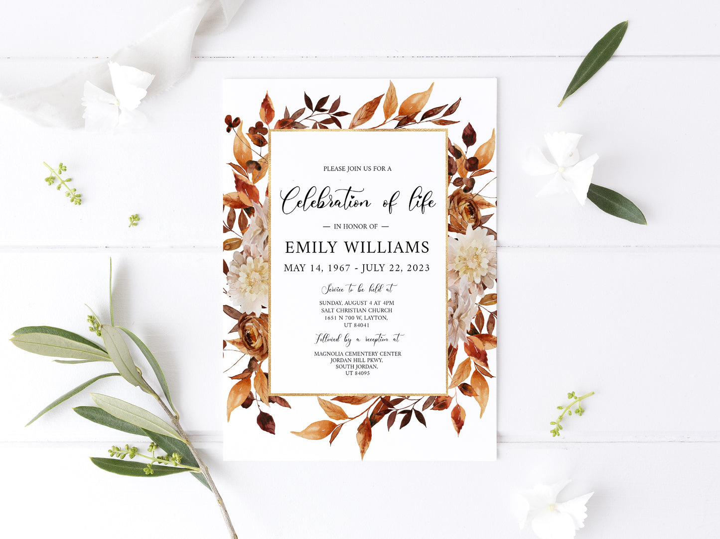 Celebration of life Orange Brown Dried Leaves Fall Funeral Invitation Template P4