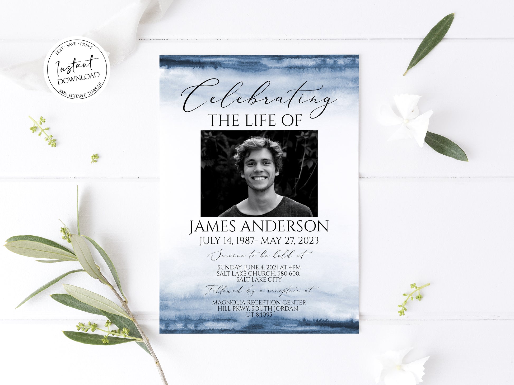 Celebration of life Blue Watercolor Funeral Invitation Template, Funeral Announcement for men Printable Boy Blue Memorial Service Invite B4