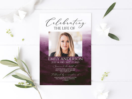 Celebration of life Pink Fuchsia Watercolor Funeral Invitation Template, Pink Watercolor Funeral Announcement, Purple Memorial Service Invite 