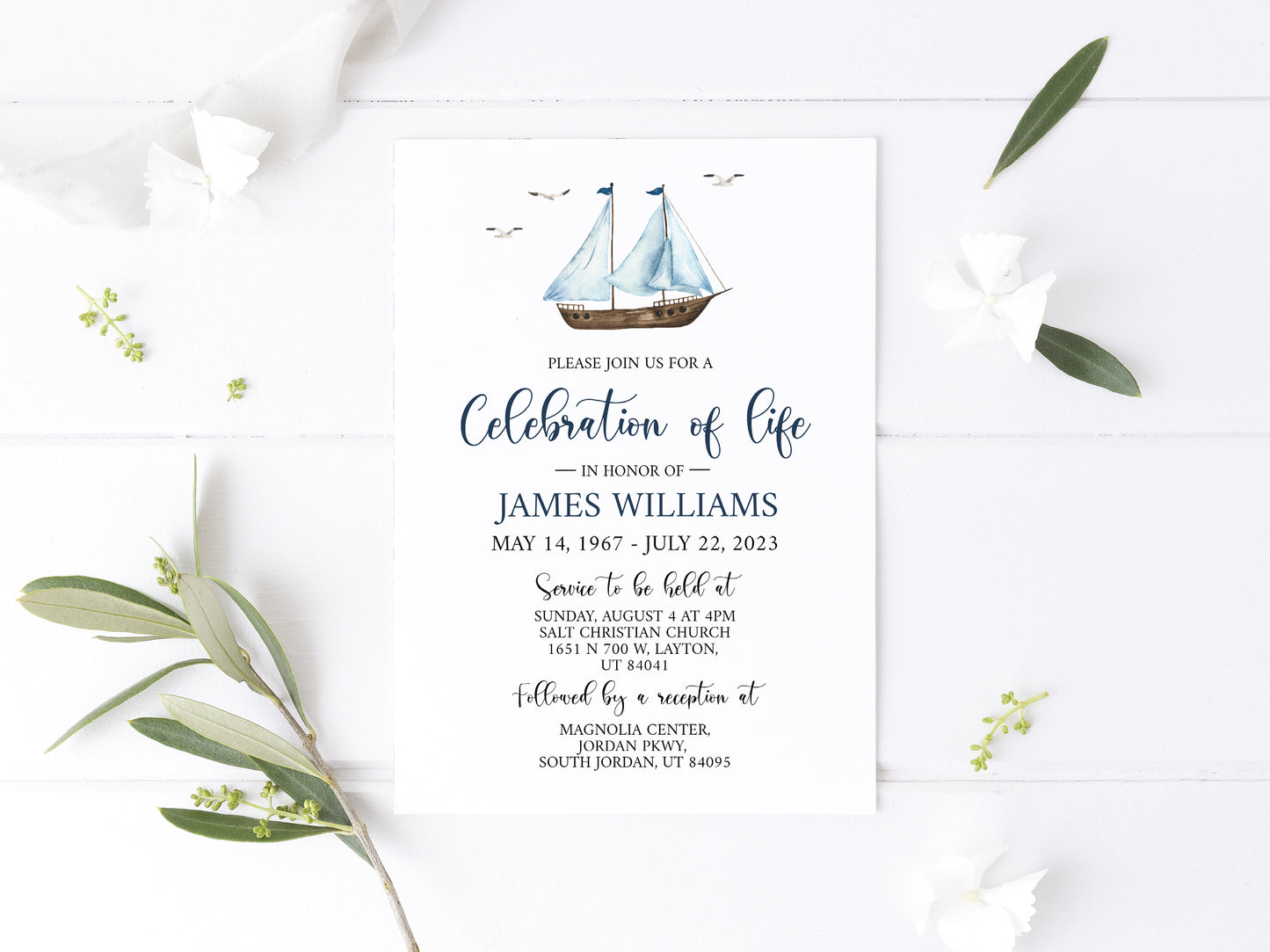 Celebration of life Watercolor Nautical Sailboat Funeral Invitation Template, Nautical Funeral Card Template, Printable Sailboat Memorial Service