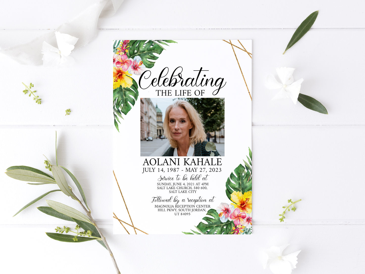 Celebration of life Tropical Hawaiian Plumeria Funeral Invitation Template H1