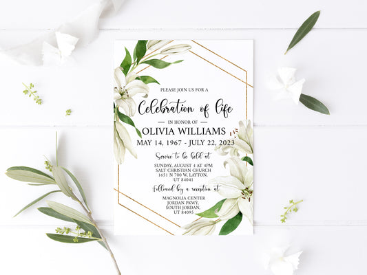 Celebration of life White Lilies Greenery Gold Funeral Invitation Template, White Lilies Funeral Announcement, Funeral Card Template, White Lilies Memorial Service Invitation