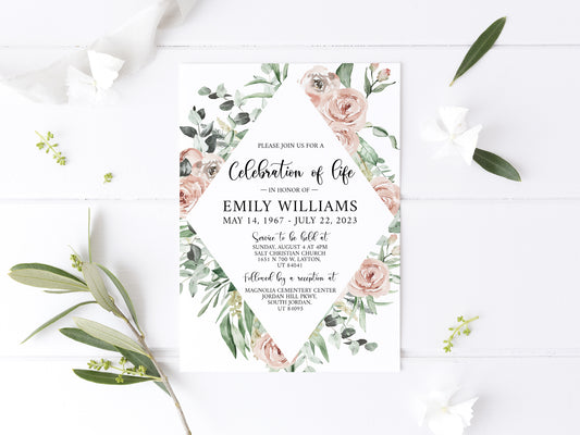 Celebration of life Pink Roses Greenery Funeral Invitation Template, Pink Roses Greenery Funeral Announcement, Pink Roses Greenery  Memorial Service Invite
