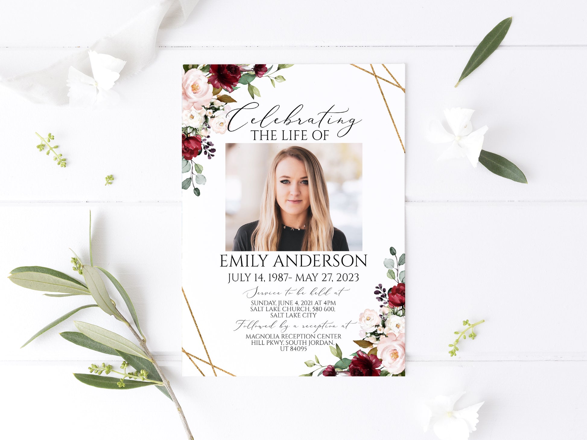 Celebration of life Invitation, Funeral Invitation, Red Roses Funeral Announcement, Funeral Card Template Red Memorial Service Invitation R1