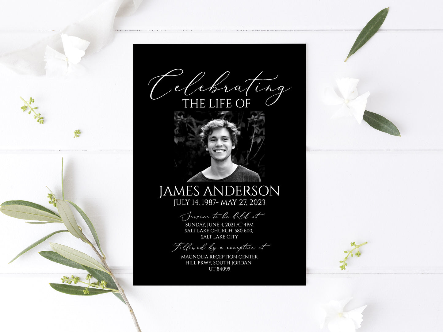 Celebration of life Minimalist Elegant Black Funeral Invitation Template, Editable Black Funeral Announcement, Printable Black Memorial invitation B7