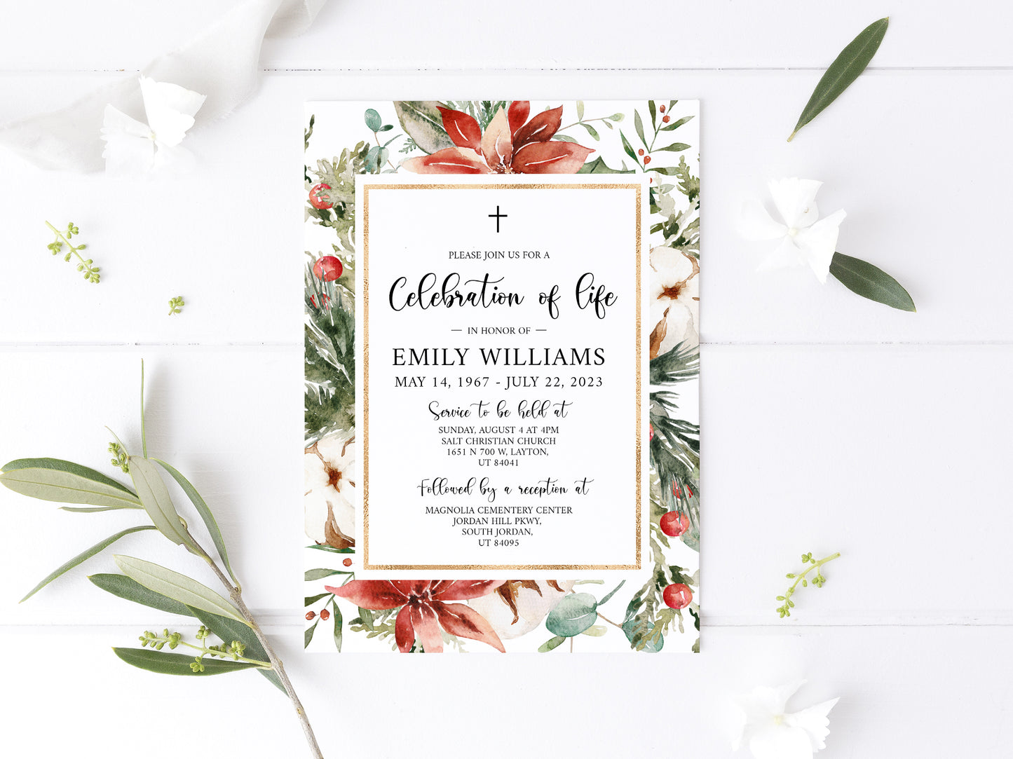 Celebration of life Cross Christmas Winter Red Greenery Gold Funeral Invitation Template, Winter Red Greenery Funeral Announcement Printable Winter Red Greenery memorial Invite