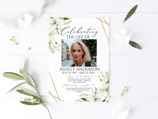 Celebration of life White Lilies Greenery Gold Funeral Invitation Template, White Lilies Funeral Announcement, Funeral Card Template, White Lilies Memorial Service Invitation
