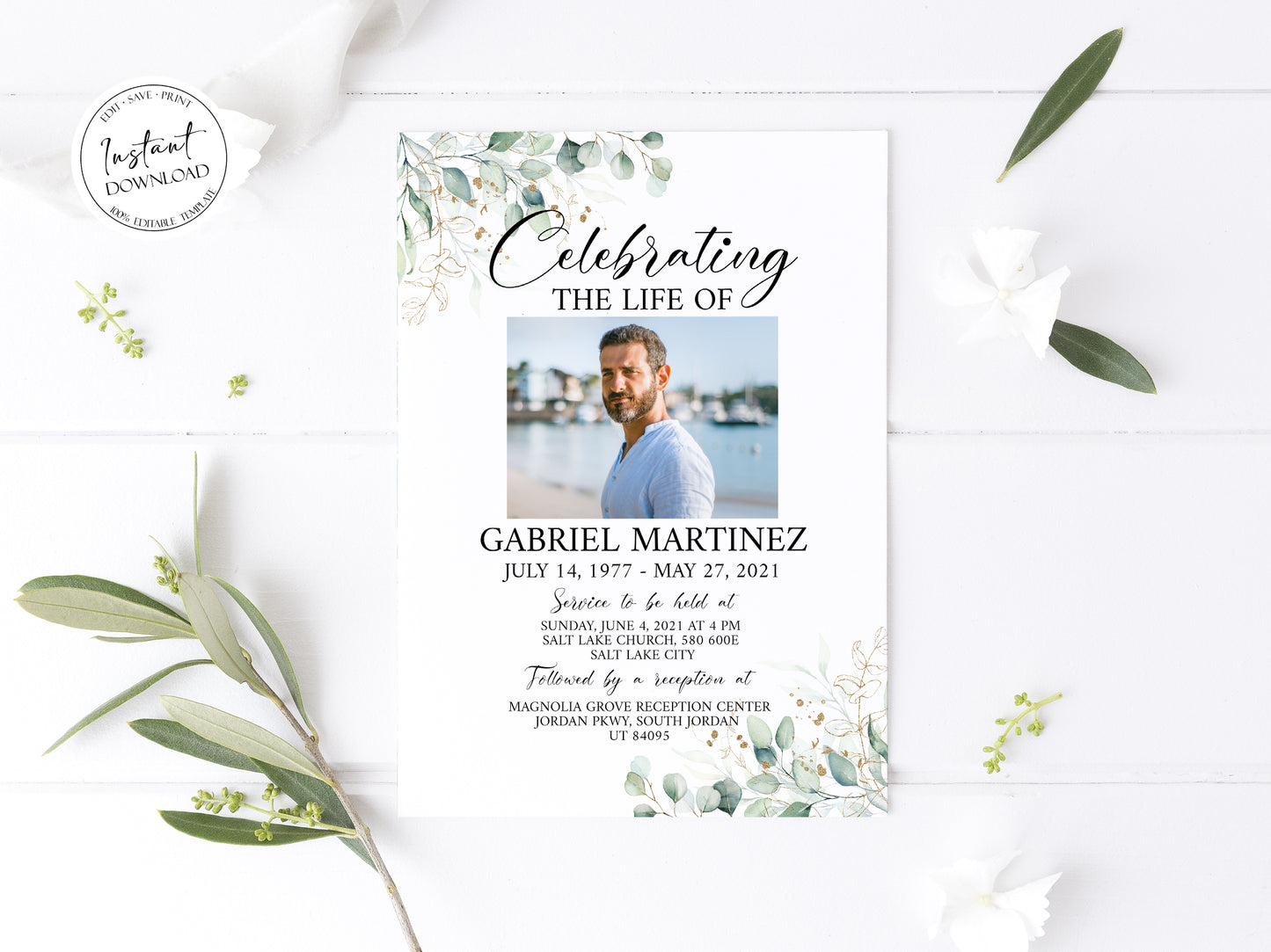 Celebration of life Watercolor Greenery Gold Funeral Invitation Template, Funeral Announcement Green Funeral Card Template, Memorial Service Card G1