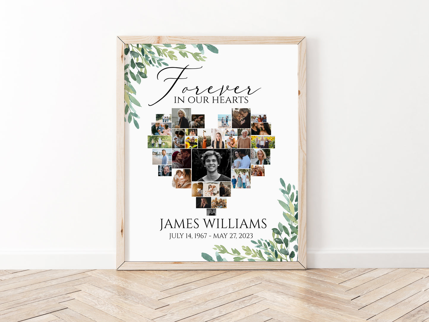 Celebration Of Life Forever in our Hearts Watercolor Greenery Heart Photo Collage Funeral Welcome Sign Template, Editable Greenery Heart Funeral Photo Collage Poster, Memorial Sign G2