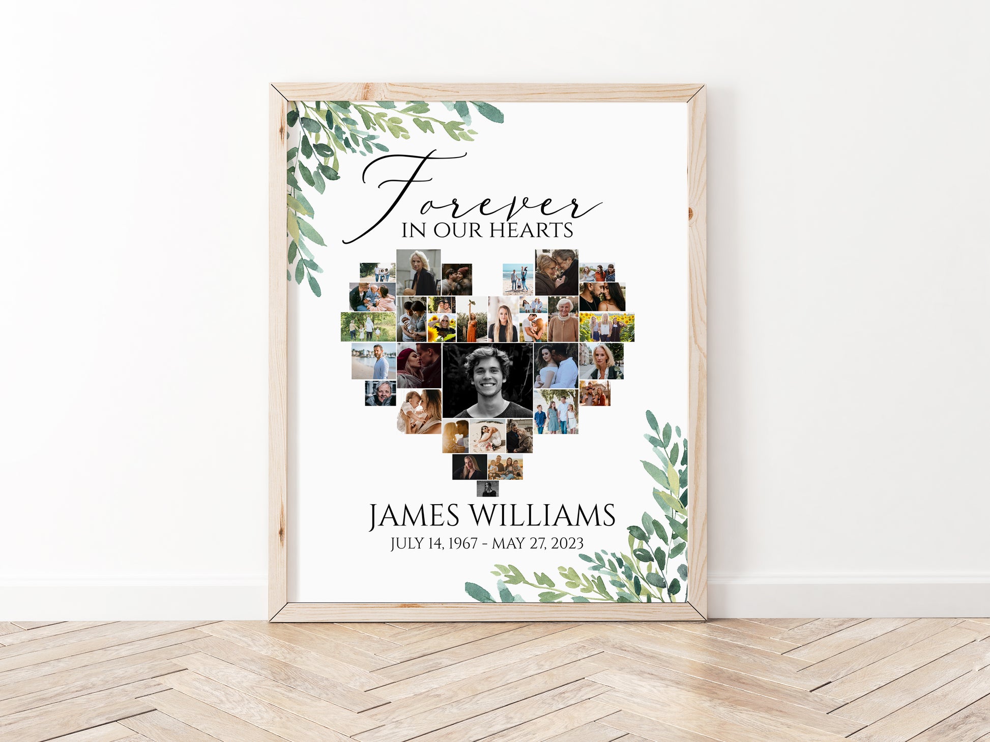 Celebration Of Life Forever in our Hearts Watercolor Greenery Heart Photo Collage Funeral Welcome Sign Template, Editable Greenery Heart Funeral Photo Collage Poster, Memorial Sign G2