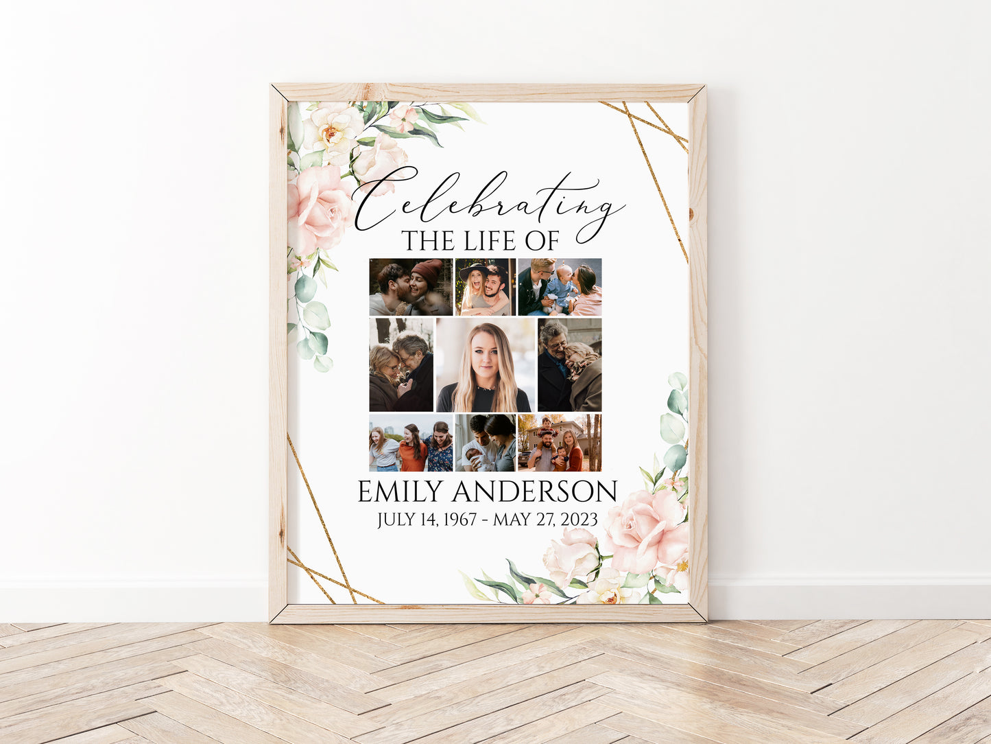 Celebration Of Life Photo Collage Funeral Welcome Sign, Blush Pink Flowers Photo Collage Funeral Poster, Photo Collage Memorial Sign P4