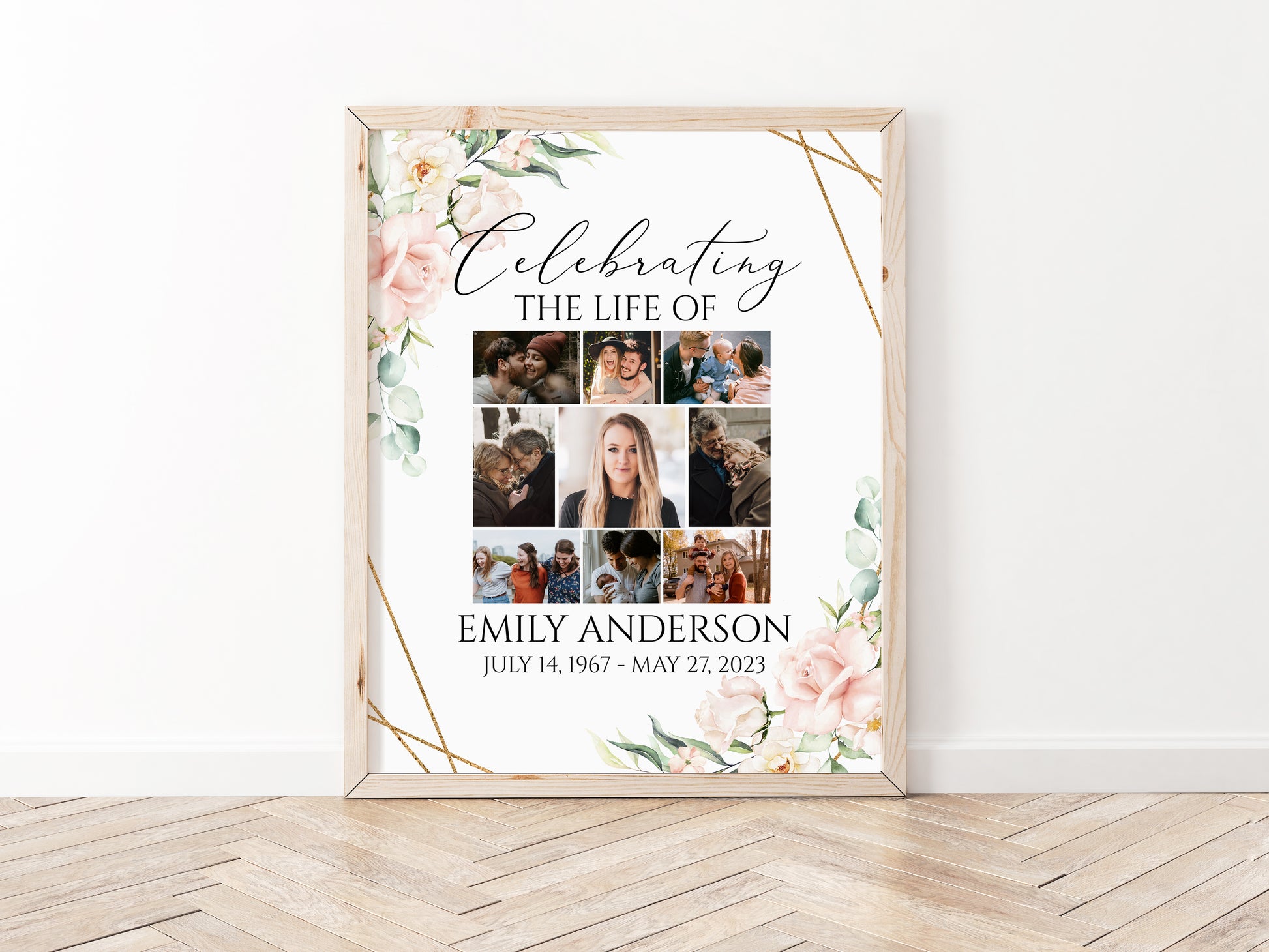 Celebration Of Life Photo Collage Funeral Welcome Sign, Blush Pink Flowers Photo Collage Funeral Poster, Photo Collage Memorial Sign P4