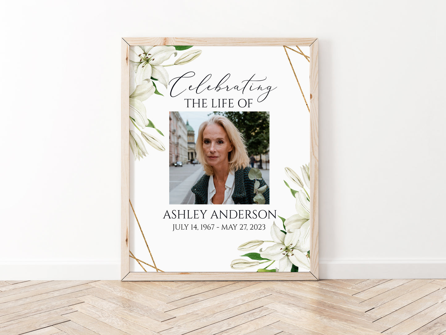 Celebration Of Life White Lilies Greenery Gold Funeral Welcome Sign Template, In Loving Memory Welcome Sign, White Lilies Memorial Sign, White Lilies Funeral Poster