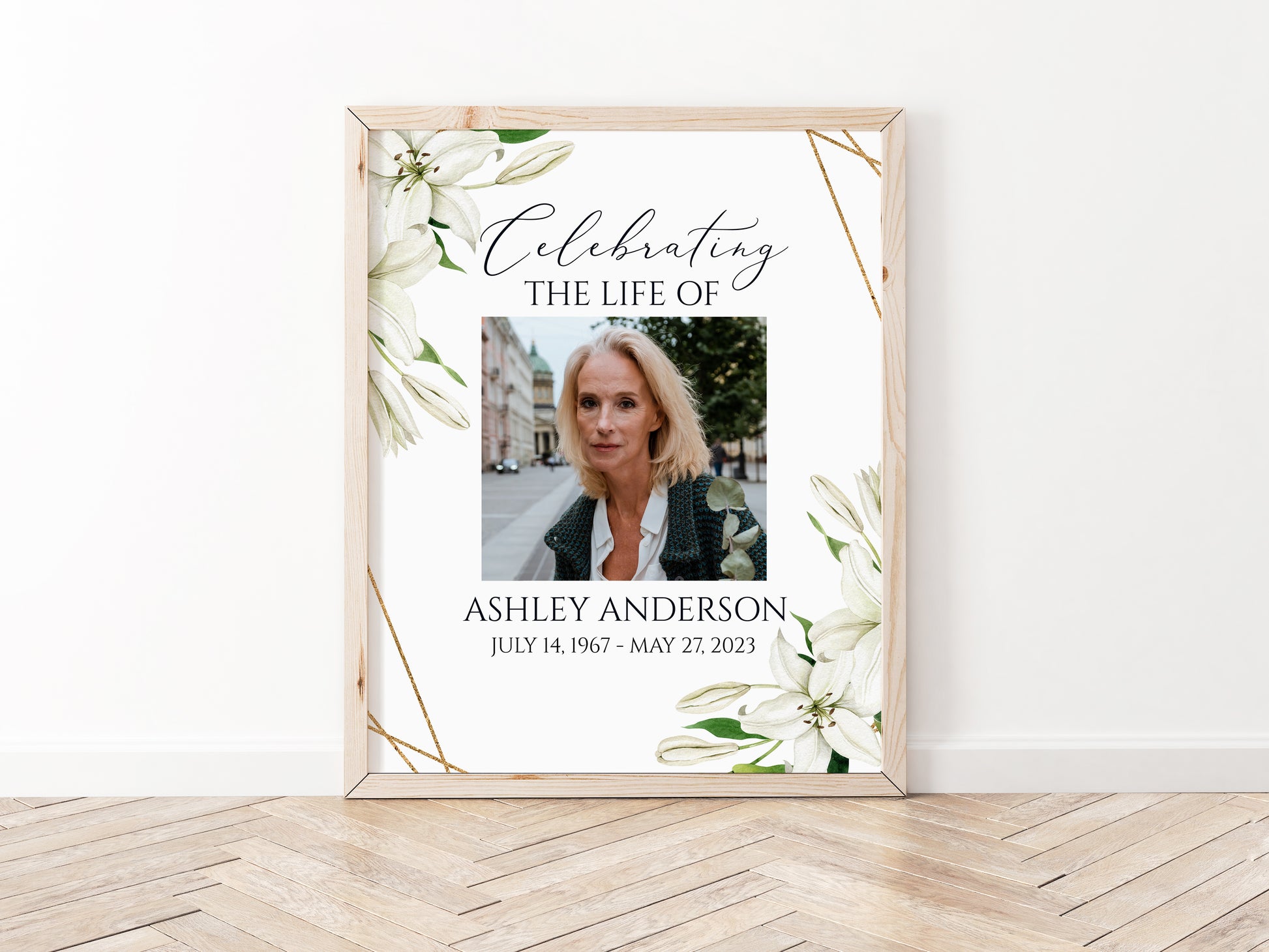 Celebration Of Life White Lilies Greenery Gold Funeral Welcome Sign Template, In Loving Memory Welcome Sign, White Lilies Memorial Sign, White Lilies Funeral Poster