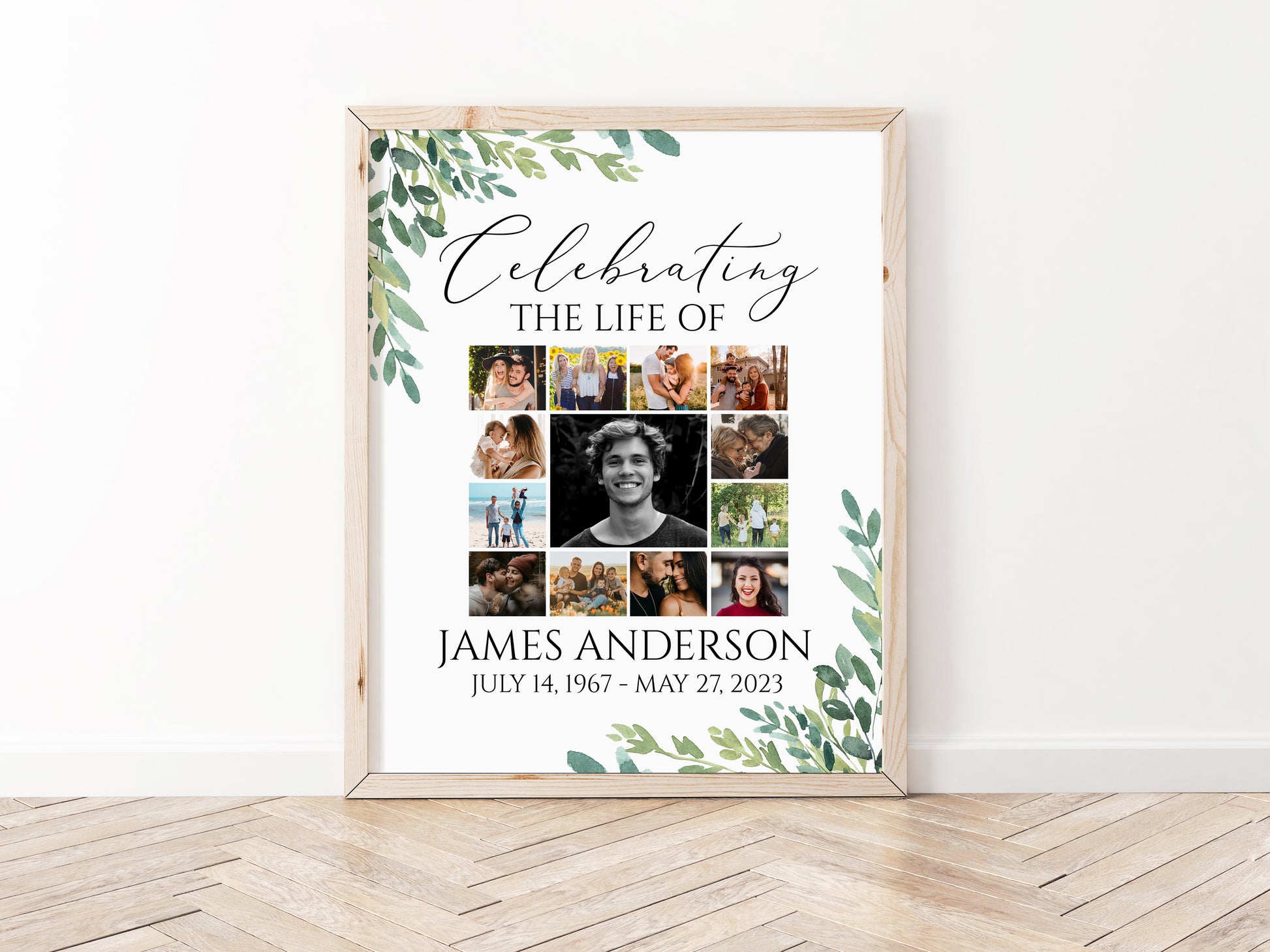 Celebration Of Life Watercolor Greenery Photo Collage Funeral Welcome Sign Template, Greenery Photo Collage Funeral Poster, Photo Collage Memorial Sign G2