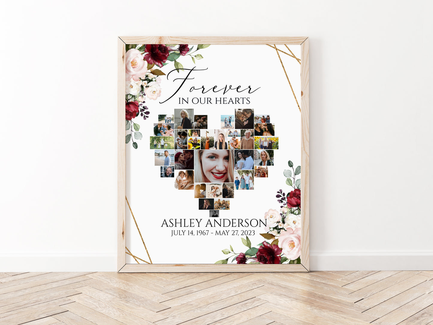 Celebration Of Life Heart Funeral Welcome Sign, Floral Red Roses Hearts Memorial Photo Collage Poster, Forever in our Hearts Memory Sign R1