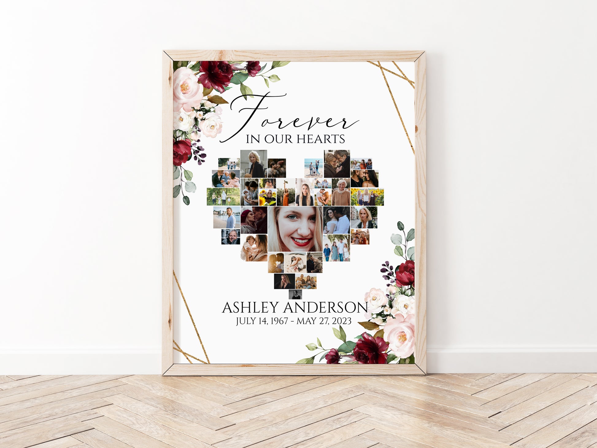 Celebration Of Life Heart Funeral Welcome Sign, Floral Red Roses Hearts Memorial Photo Collage Poster, Forever in our Hearts Memory Sign R1