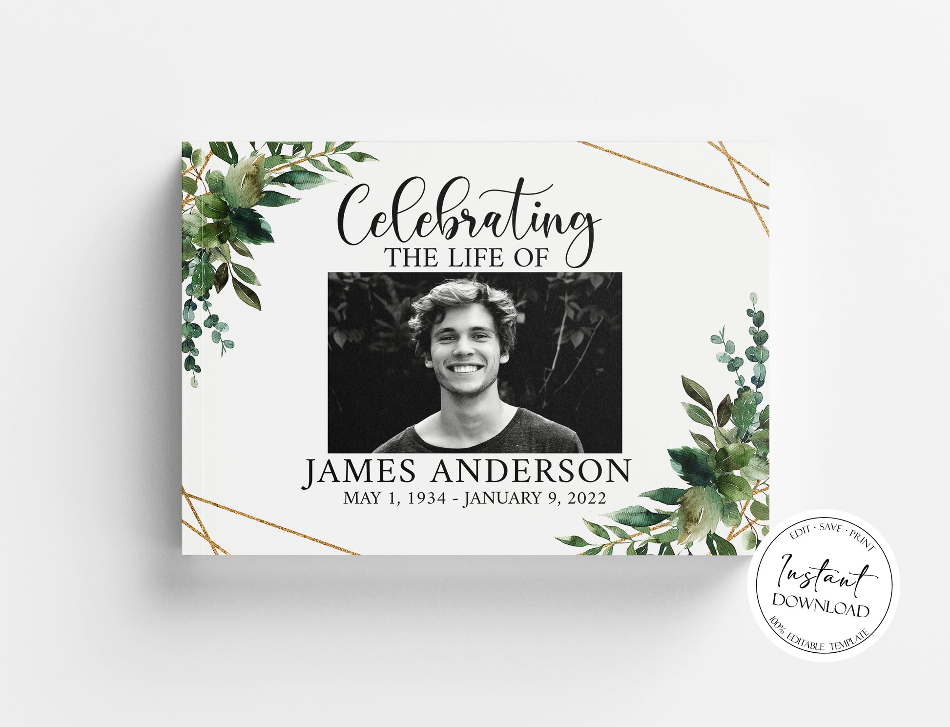 Celebration of life Greenery Funeral Guest Book Template, Printable Greenery Watercolor Remembrance Memorial Guest Book Condolence Book, Instant Download