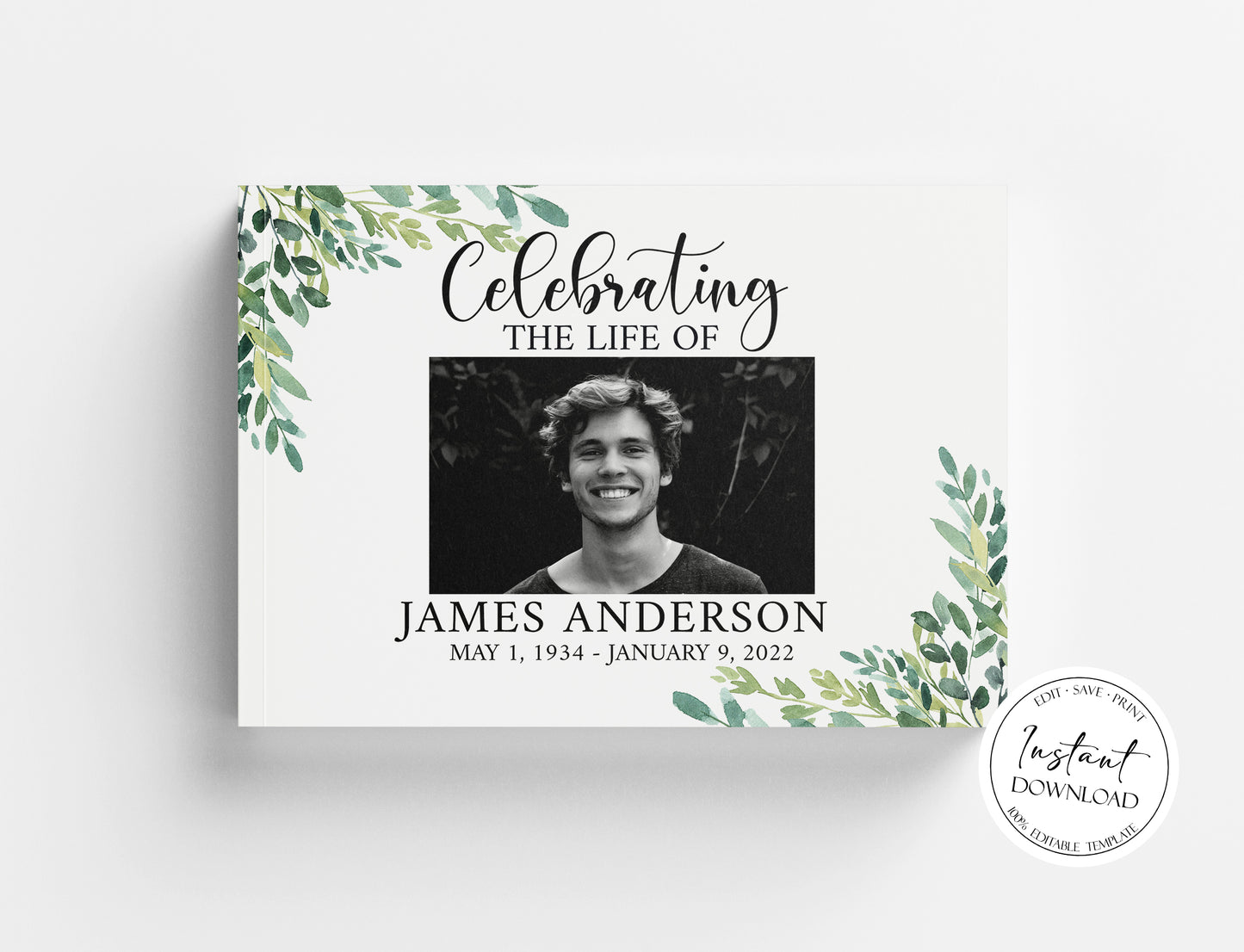 Celebration of life Watercolor Greenery Funeral Guest Book Template G2
