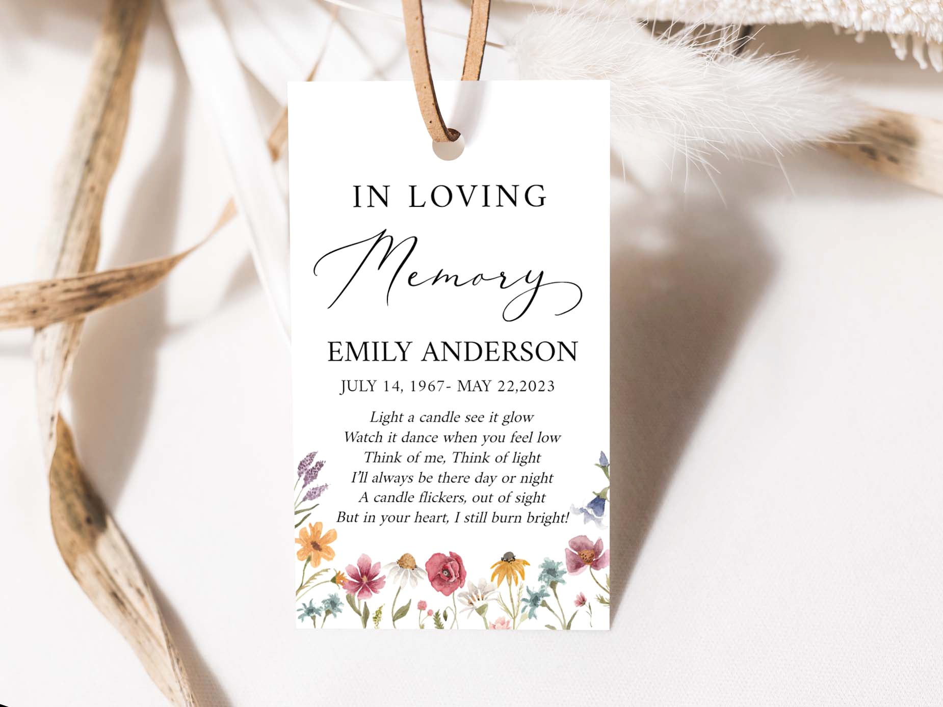 In Loving Memory Red Greenery Wildflower Meadow Funeral Favor Tag Template, Wildflower Memorial Candle Favor Tag, Wildflower Funeral Keepsake Favor