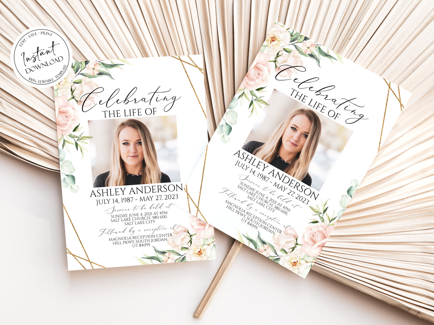 Celebration of life Invitation, Blush Pink Roses Funeral Invitation, Funeral Announcement Funeral Card Template Printable Memorial Invite P4