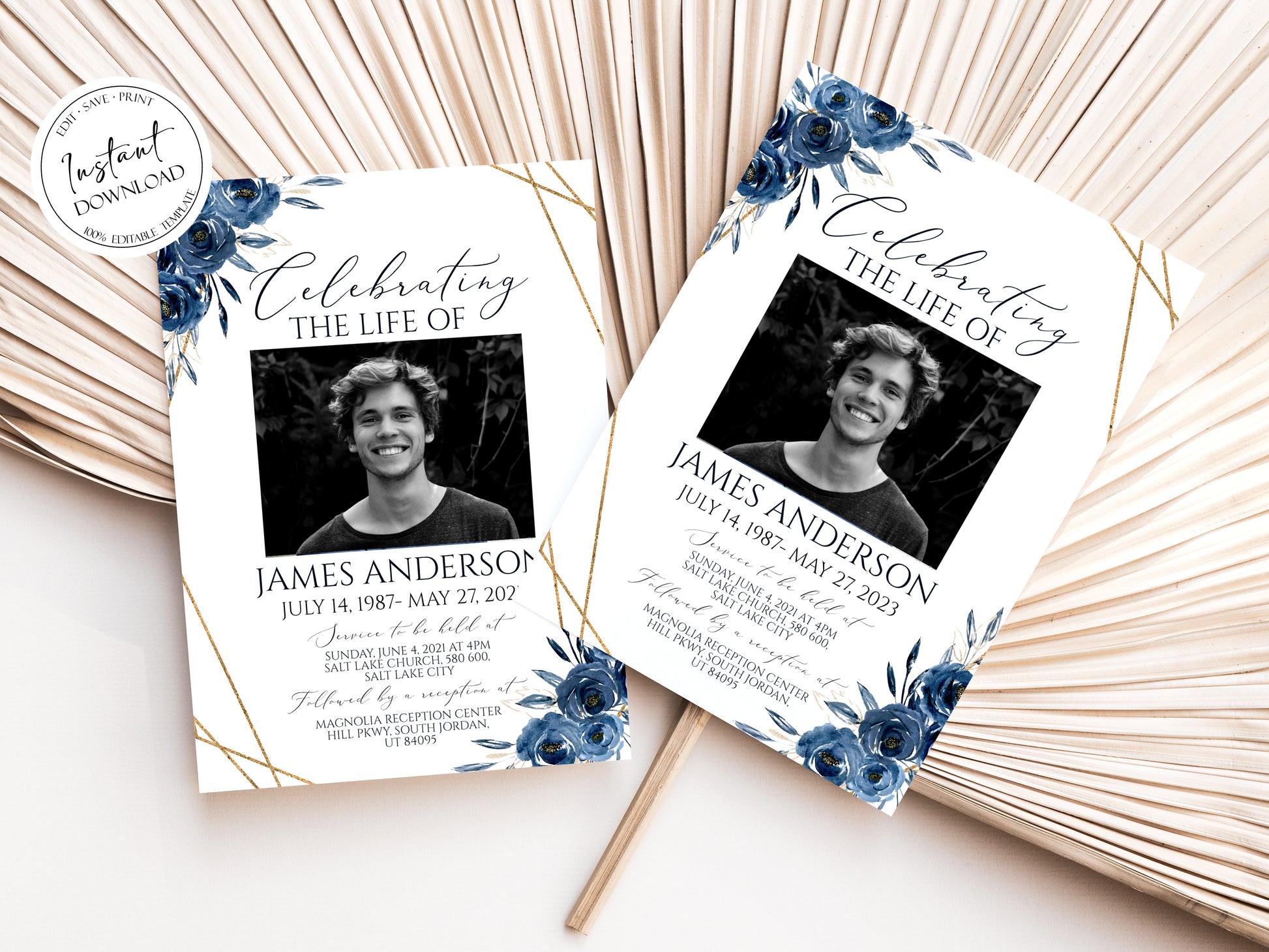 Celebration of life Royal Blue Flowers Gold Funeral Invitation Template, Funeral Announcement, Blue Funeral Cards Template Printable Blue Memorial Invitation B2