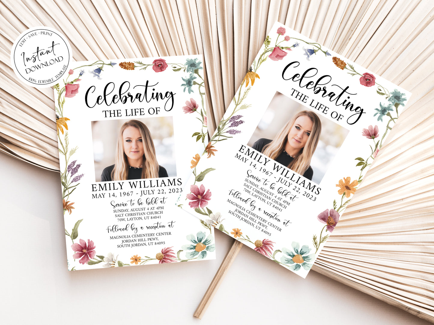 Celebration of life Red Greenery Wildflower Meadow Funeral Invitation Template Wildflower Funeral Announcement, Printable Wildflower Memorial Invite