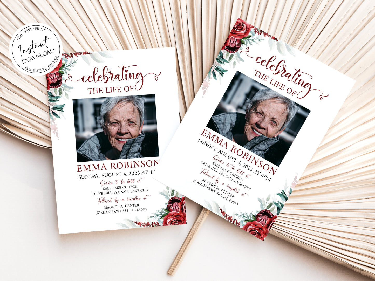 Celebration of life Burgundy Red Roses Funeral Invitation Template R2