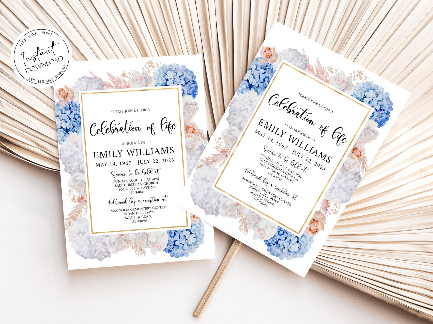 Celebration of life Blush Roses White Blue Hydrangea Funeral Invitation Template O1