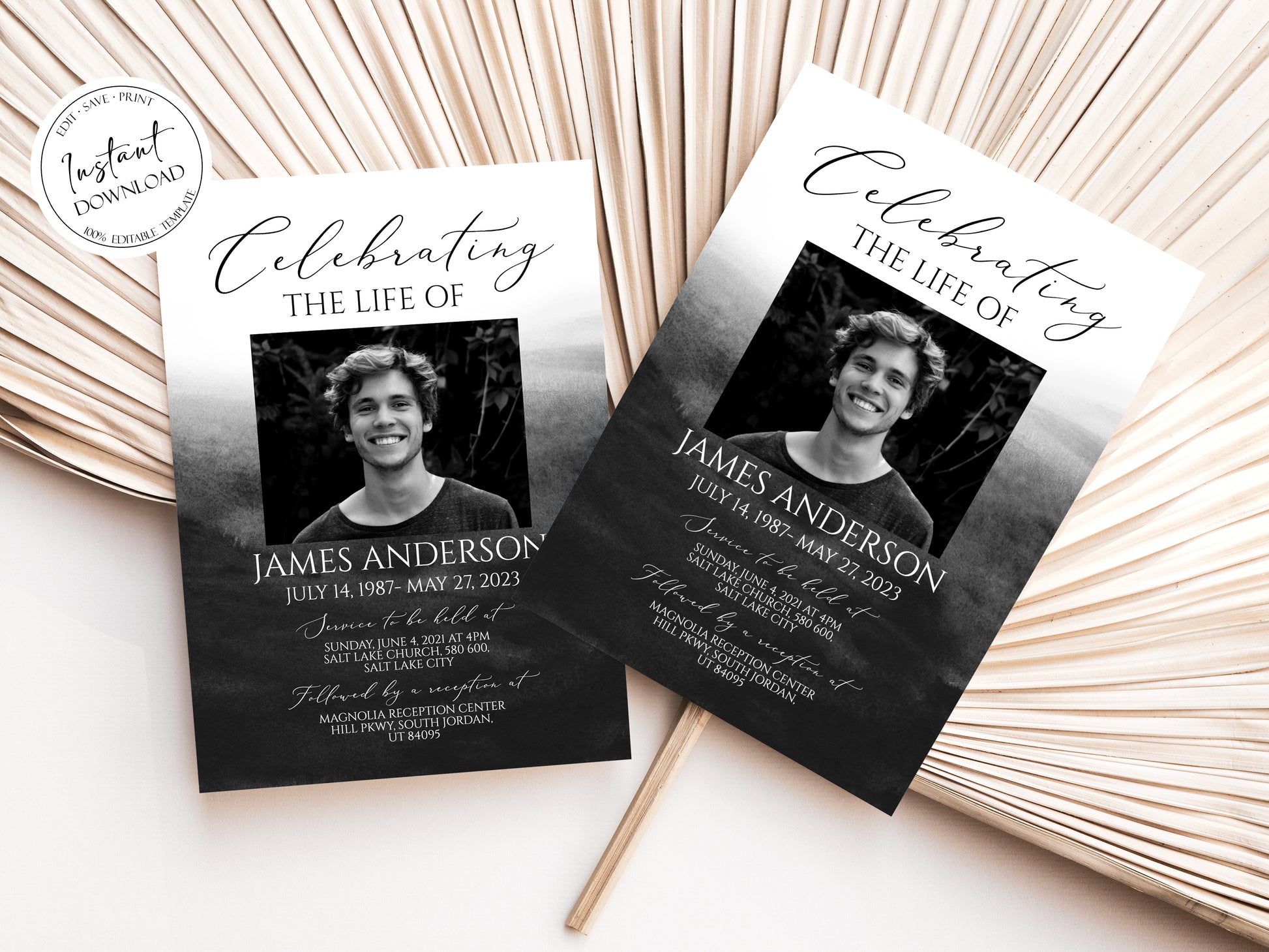 Celebration of life Black Watercolor Funeral Invitation Template, Funeral Announcement for men, Printable Black Watercolor Memorial Service Invitation B6