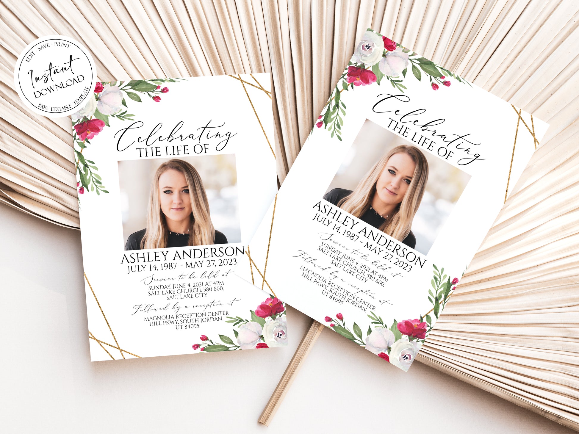 Celebration of life White Pink Roses Funeral Invitation, Funeral Announcement, White Pink Roses Funeral Cards, Printable Memorial Invite P2