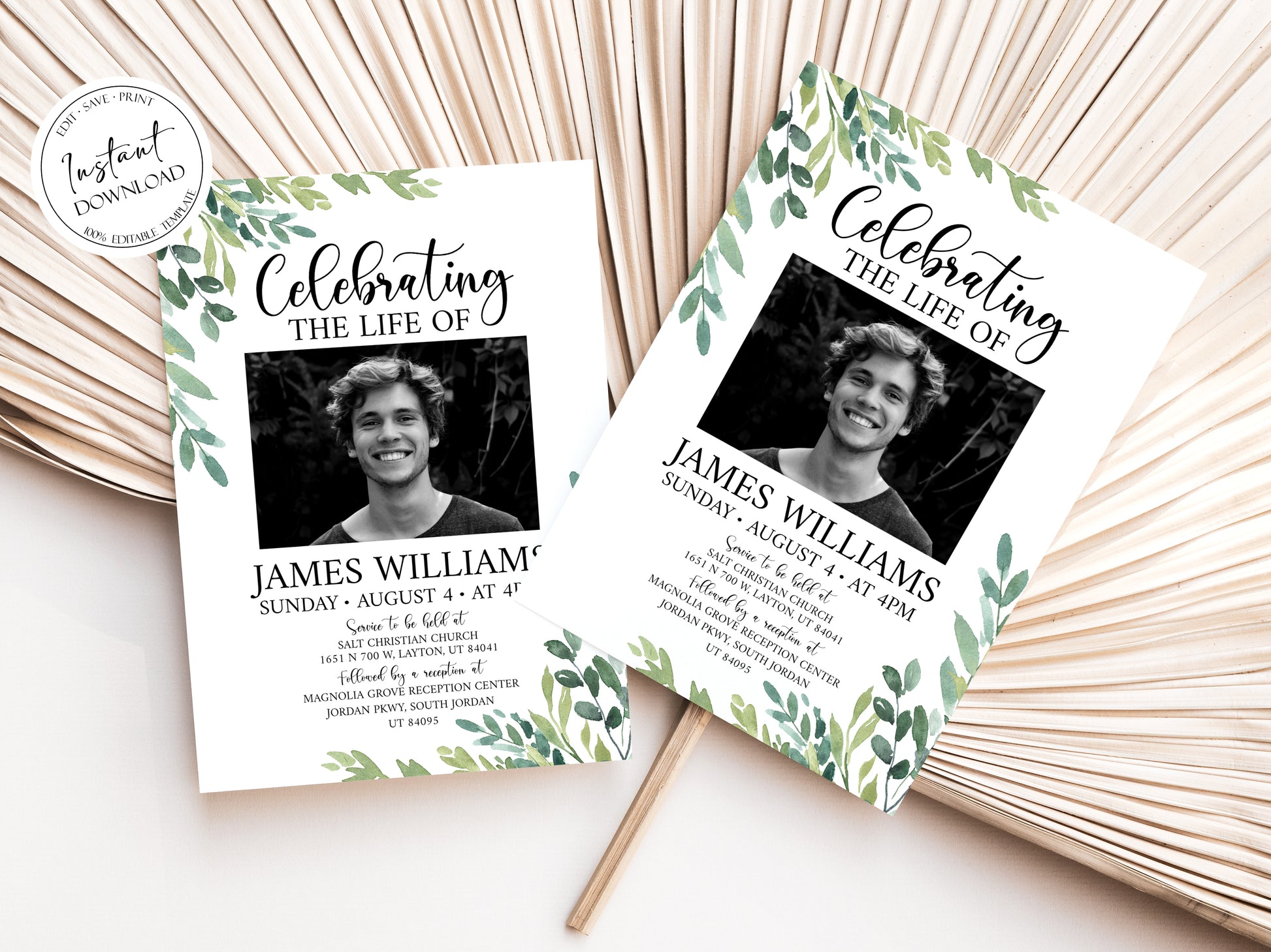 Celebration of life Watercolor Greenery Funeral Invitation Template, Funeral Announcement, Funeral Cards Template, Printable Greenery Memorial Invitation G2