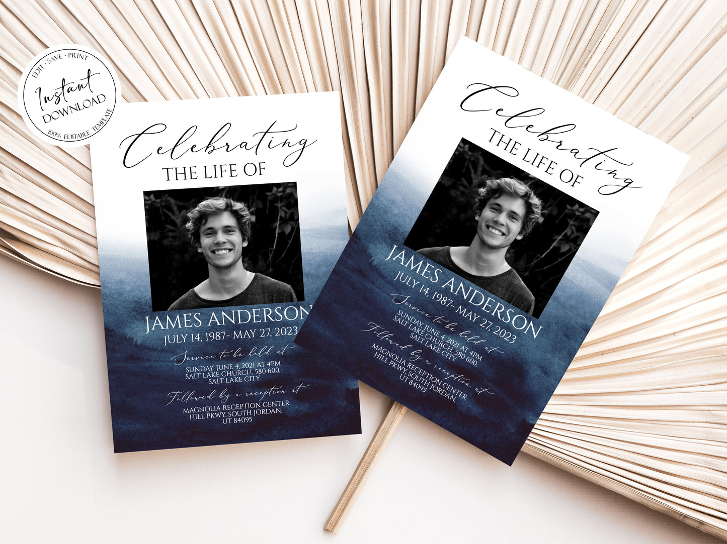 Celebration of life Blue Watercolor Ocean Funeral Invitation Template B5