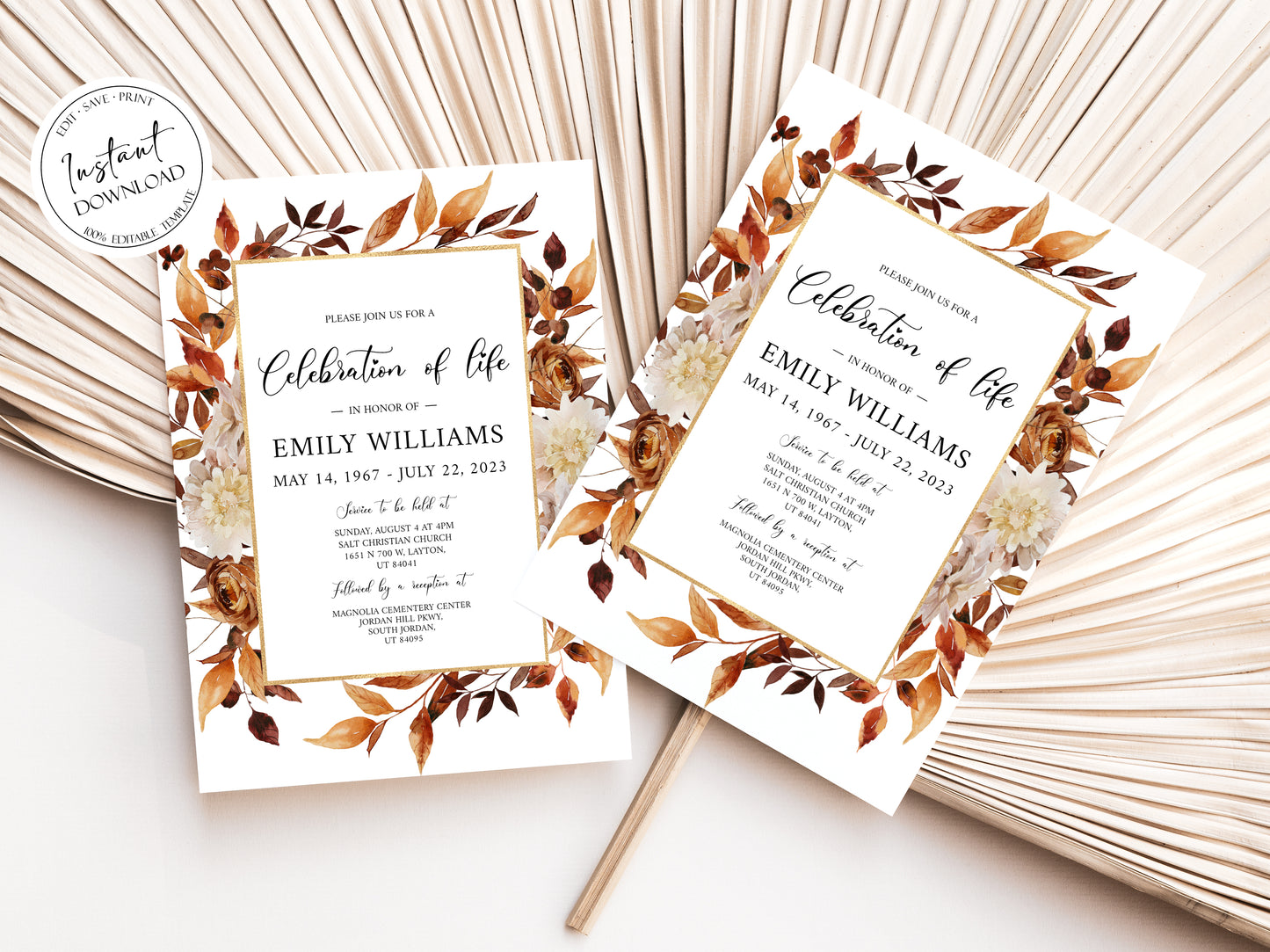 Celebration of life Orange Brown Dried Leaves Fall Funeral Invitation Template P4