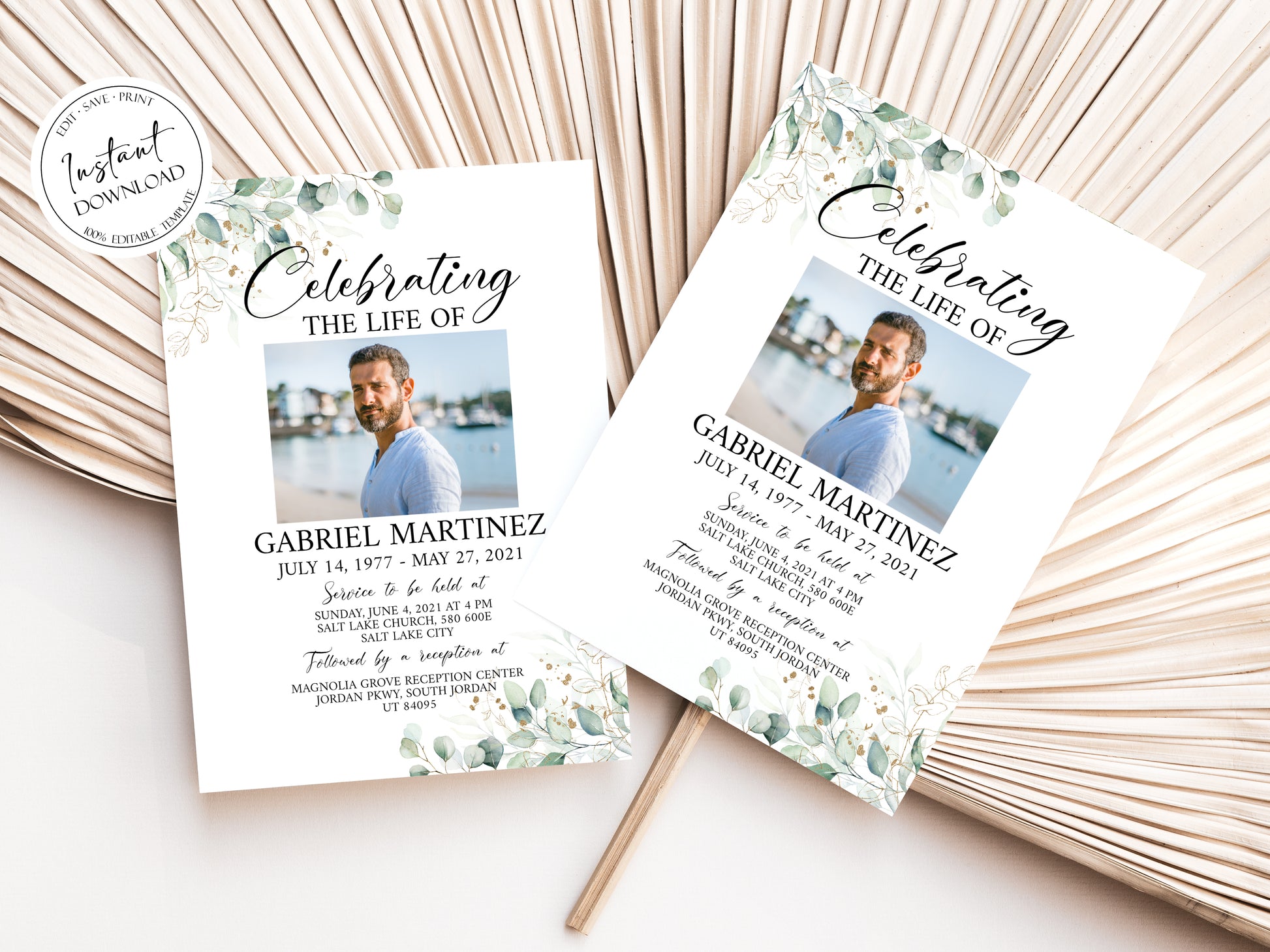 Celebration of life Watercolor Greenery Gold Funeral Invitation Template, Funeral Announcement Green Funeral Card Template, Memorial Service Card G1