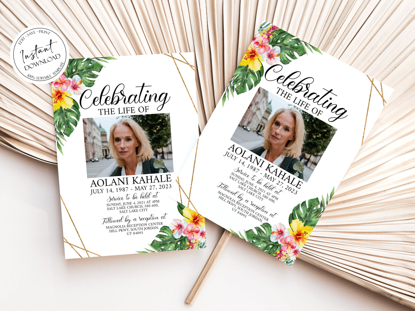 Celebration of life Tropical Hawaiian Plumeria Funeral Invitation Template H1