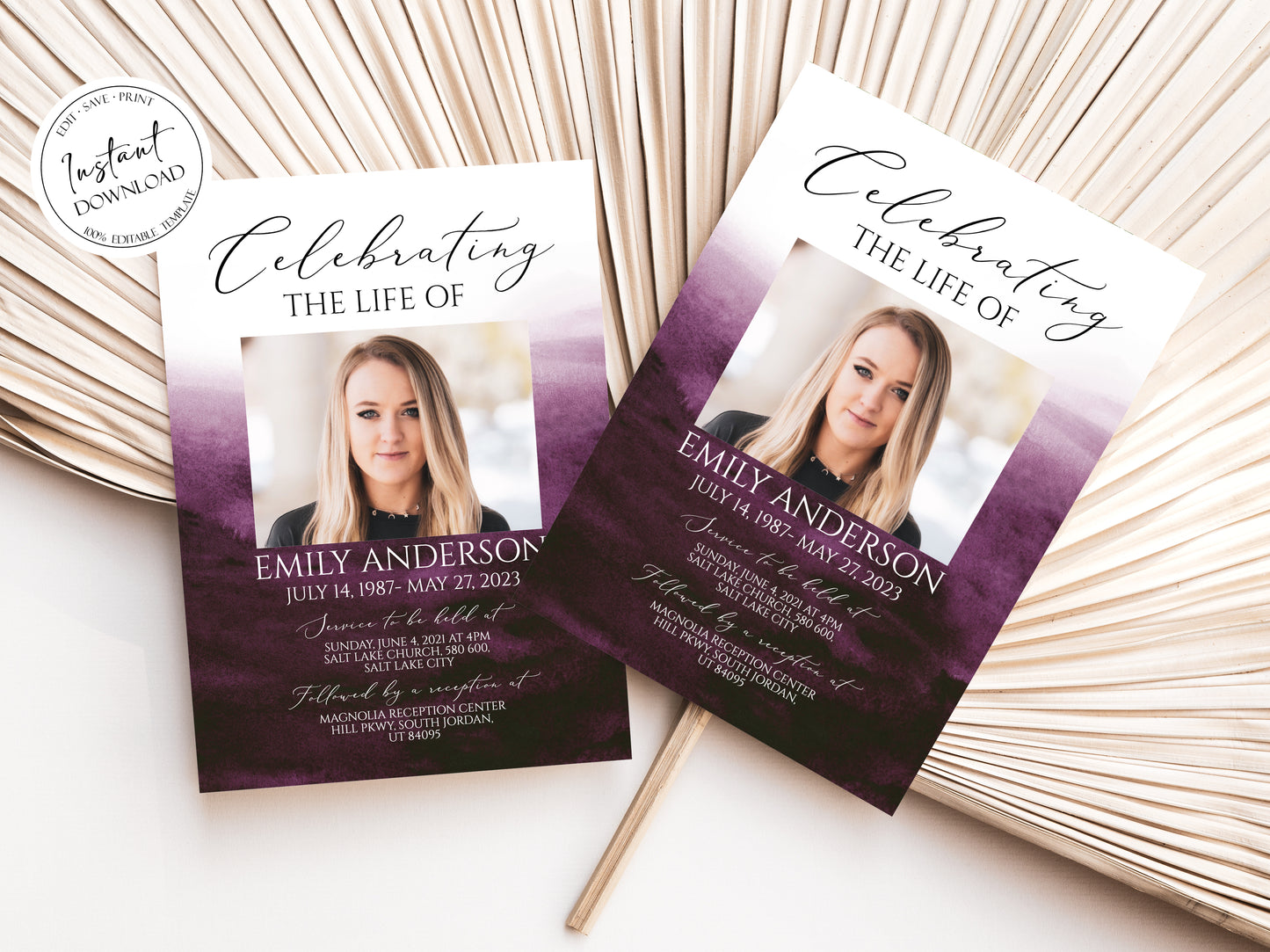 Celebration of life Pink Fuchsia Watercolor Funeral Invitation Template, Pink Watercolor Funeral Announcement, Purple Memorial Service Invite 