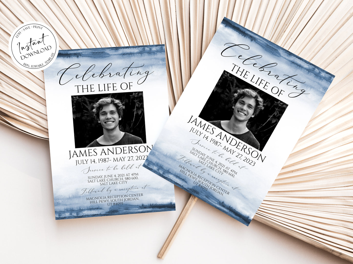 Celebration of life Blue Watercolor Funeral Invitation Template, Funeral Announcement for men Printable Boy Blue Memorial Service Invite B4