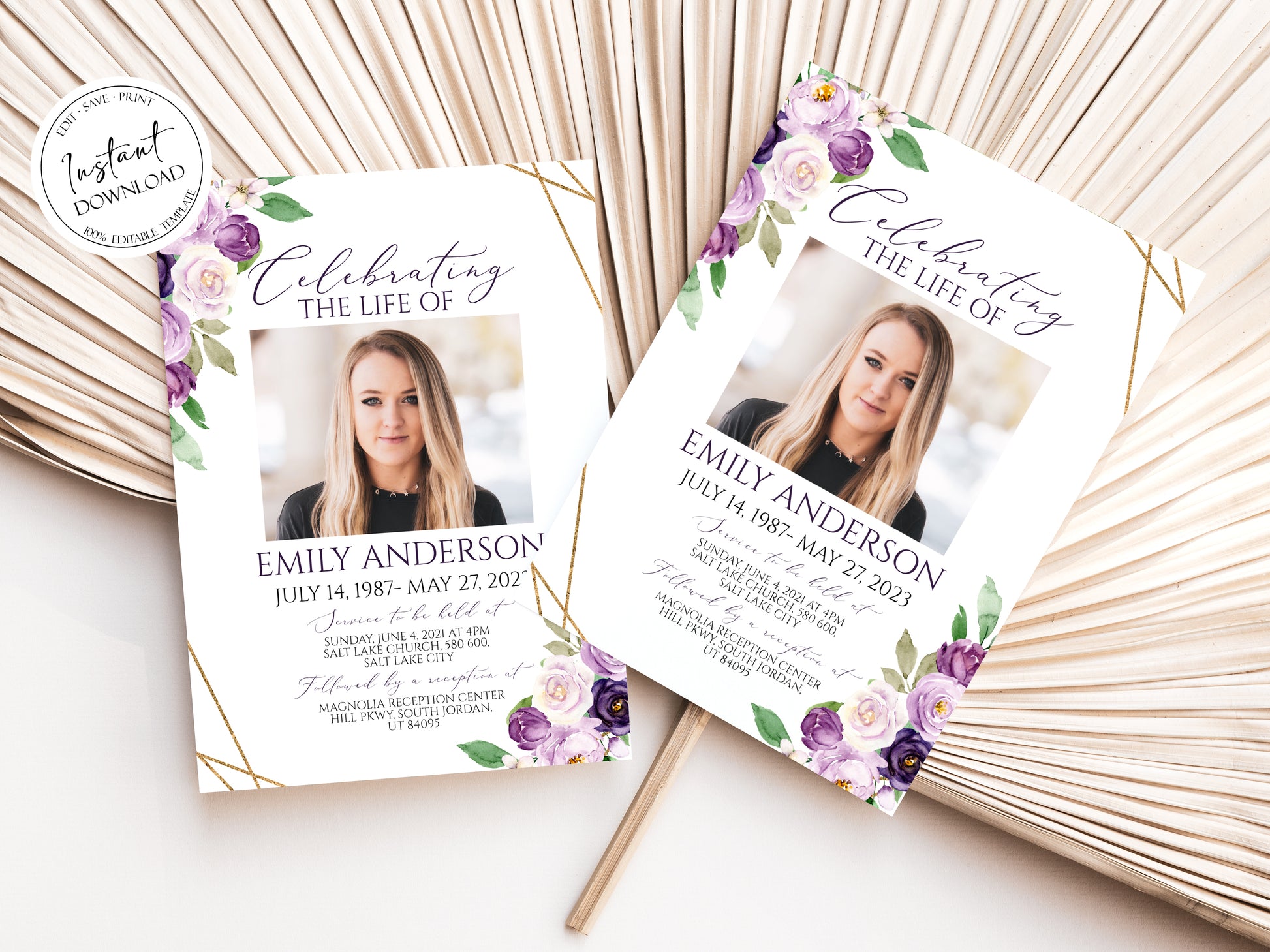 Celebration of life Invitation, Funeral Invitations, Purple Funeral Announcement, Funeral Card Template, Purple Memorial Service Invitation, P1