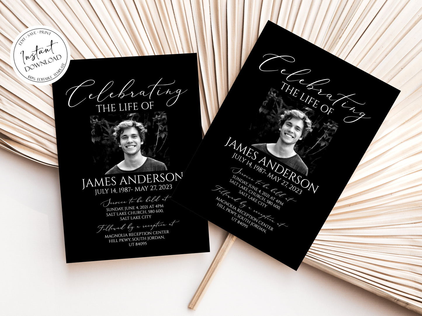 Celebration of life Minimalist Elegant Black Funeral Invitation Template, Editable Black Funeral Announcement, Printable Black Memorial invitation B7