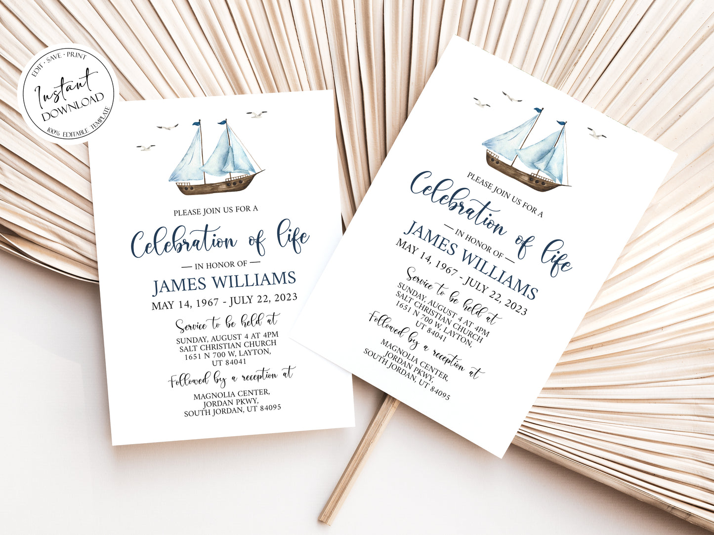 Celebration of life Watercolor Nautical Sailboat Funeral Invitation Template, Nautical Funeral Card Template, Printable Sailboat Memorial Service