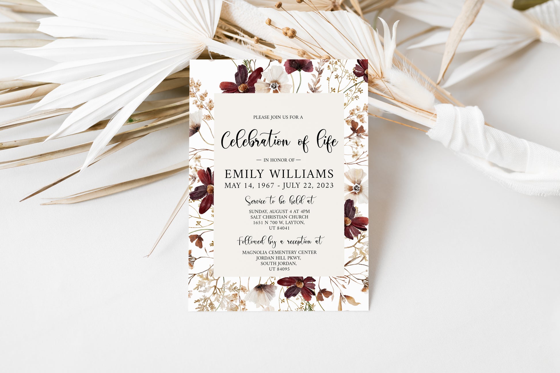 Celebration of life Wildflower Red Dried Flowers Funeral Invitation Template, Wildflower Funeral Announcement, Wildflower Memorial Service Invite Meadow Funeral Invitation