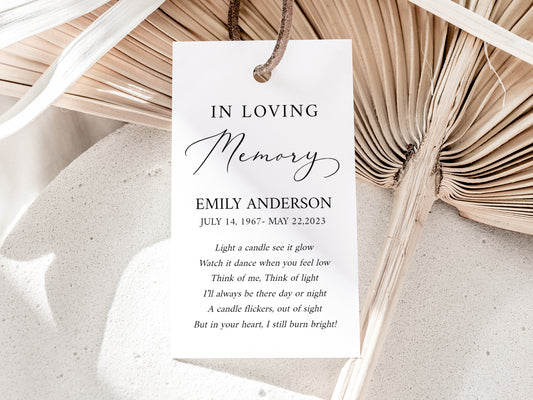 Celebration of life Invitation Funeral Favor Tag Template, Memorial Candle Favor Tag, Editable In Loving Memory Favor Tag, Funeral Keepsake S1