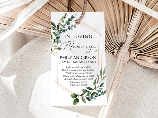 In Loving Memory Watercolor Greenery Gold Funeral Favor Tag Template, Memorial Candle Favor Tag, Editable In Loving Memory Favor Tag Funeral Keepsake Greenery Funeral Q1