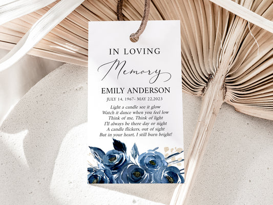 In Loving Memory Royal Blue Flowers Gold Funeral Favor Tag Template, Memorial Candle Favor Tag, Navy In Loving Memory Favor Tag B2