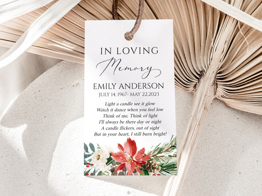 In Loving Memory Christmas Winter Red Greenery Gold Funeral Favor Tag Template, Winter Memorial Candle Favor Tag, In Loving Memory Favor Tag