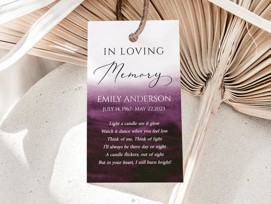 In Loving Memory Pink Fuchsia Watercolor Funeral Favor Tag Template, Memorial Candle Favor Tag, Purple In Loving Memory Favor Tags