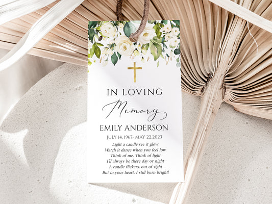 In Loving Memory White Greenery Floral Gold Cross Funeral Favor Tag Template, Memorial Candle Favor Tag Editable In Loving Memory Gold Cross Favor Tag 