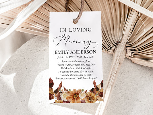 In Loving Memory Orange Brown Dried Leaves Fall Funeral Favor Tag Template, Memorial Candle Favor Tag, Autumn In Loving Memory Favor Tag