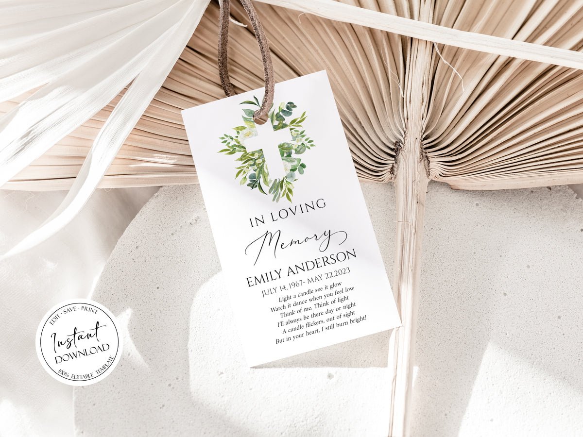 In Loving Memory Watercolor Greenery Cross Funeral Favor Tag Template ...